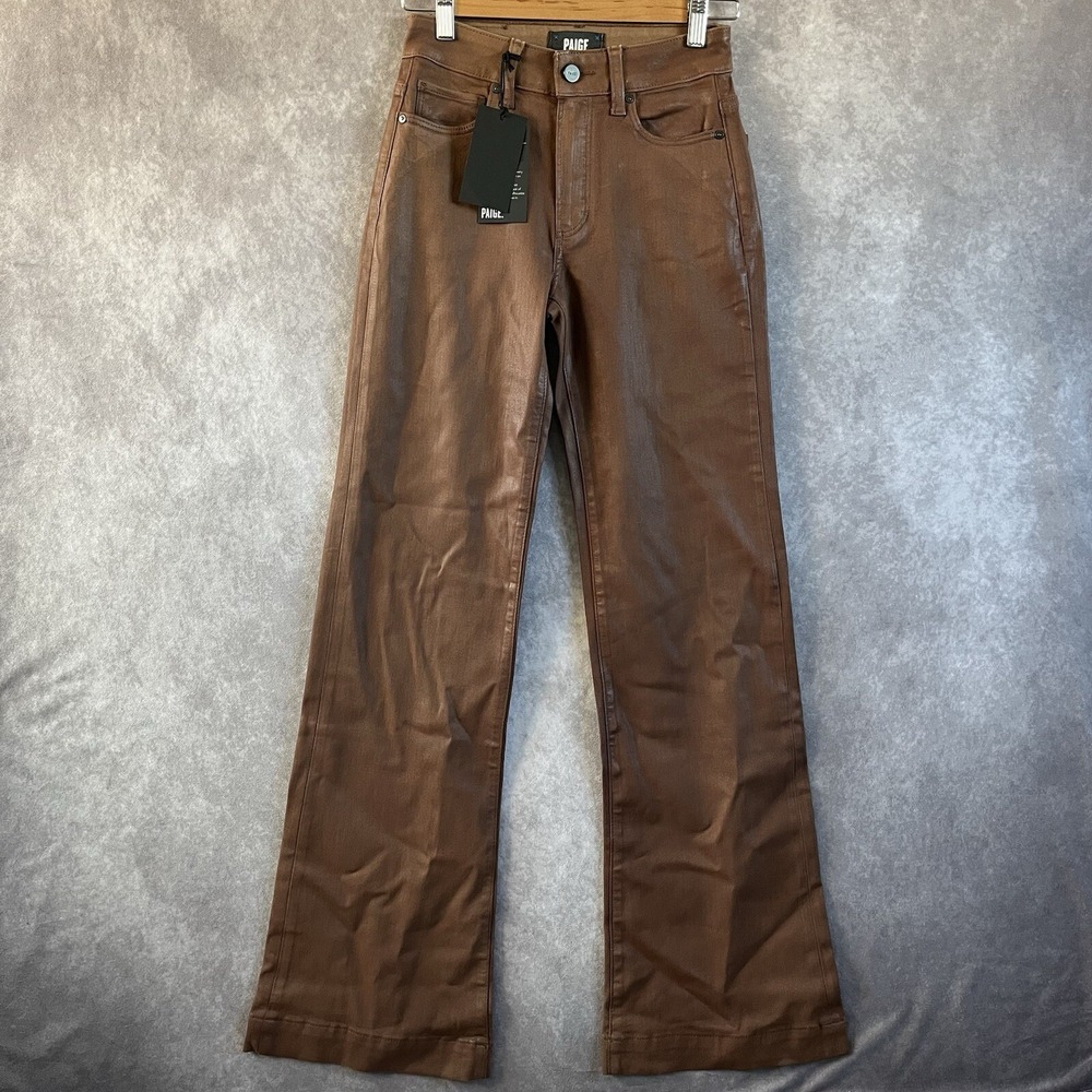 Paige Leenah Wide Leg Jeans Womens 23 Cognac Luxe Coated High Rise Pants NEW